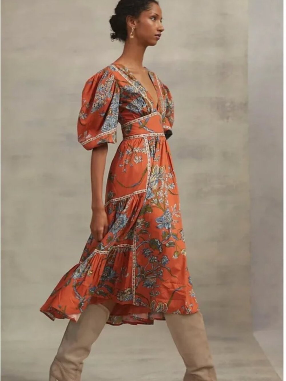 Love the Label V Neck Midi Puff Sleeve Dress